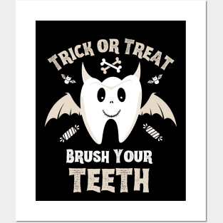 Trick or Treat Brush Your Teeth - Cute Tooth with Bat Wings and Devil Horns Posters and Art